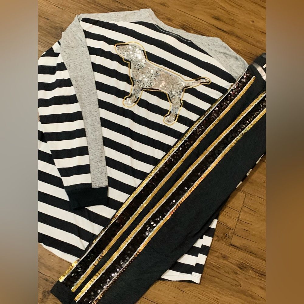 PINK VS STRIPE BLING DOG SHIRT / YOGA LEGGINGS OUTFIT SET L - Picture 2 of 12